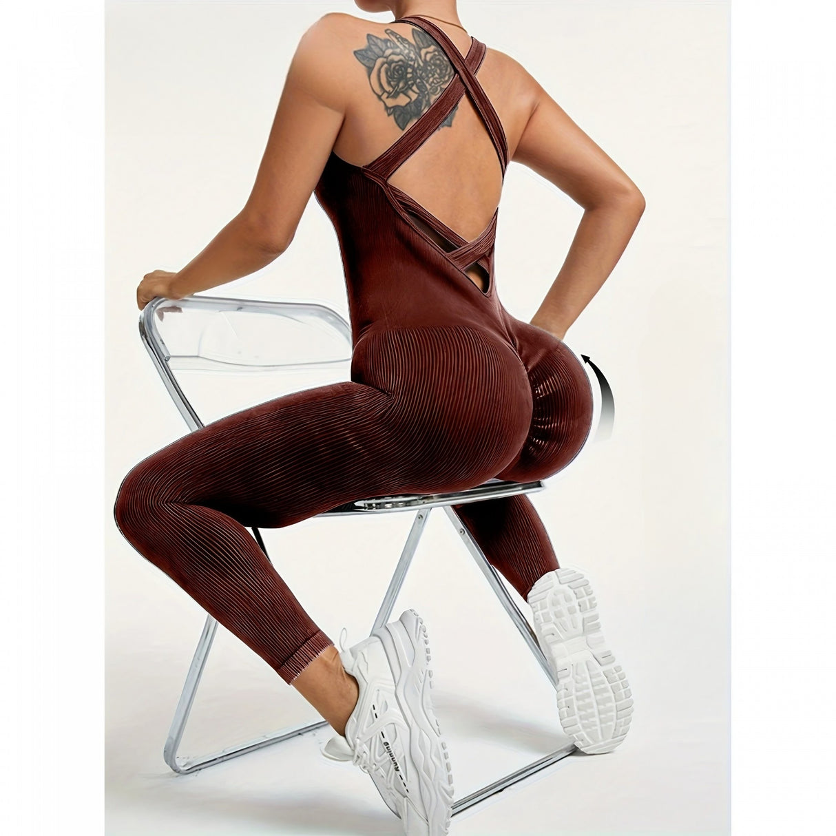 Costum yoga damă Vivimall One Piece maro închis, detaliu spate decupat cu bretele în formă de X