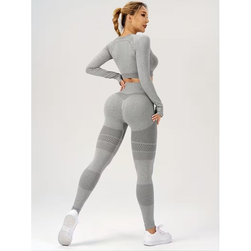 Costum yoga damă gri Vivimall, vedere spate, colanți talie înaltă și top scurt, material nailon spandex