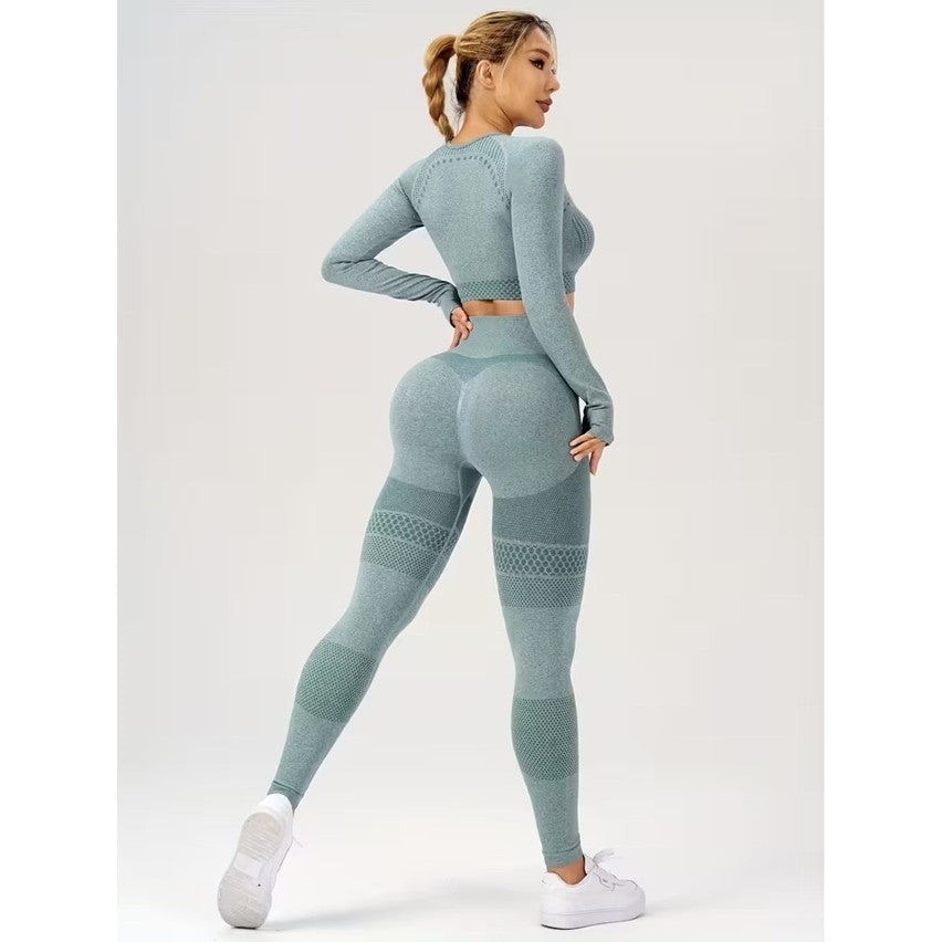 Costum yoga verde mentă Vivimall, vedere spate, top scurt și colanți marime M