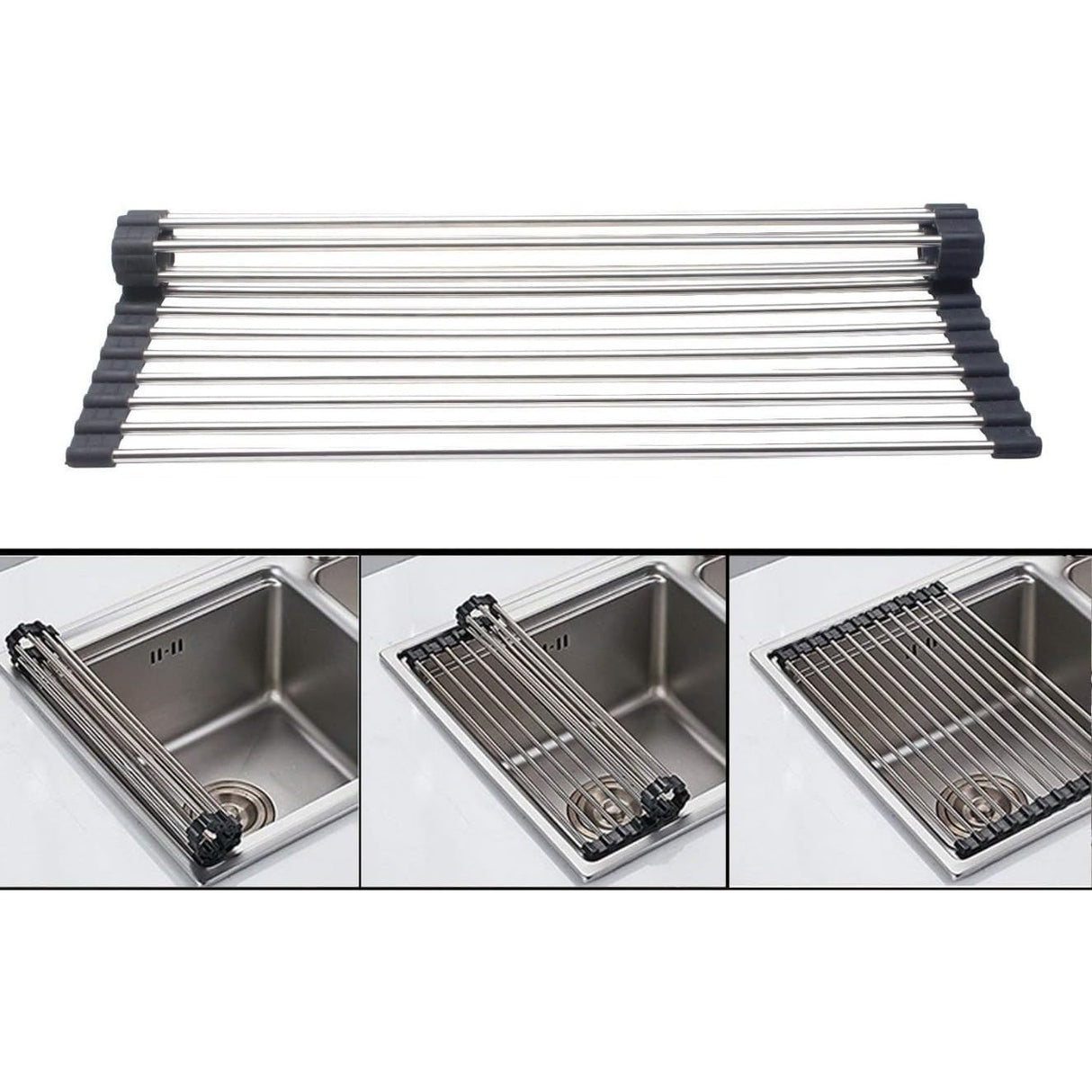 Covoras de Scurgere pentru Chiuveta Bucatarie, din Otel Inoxidabil, Suport Chiuveta, Pliabil, Antiderapant, Usor de Curatat si de Depozitat, 37x30 cm, 15 Tuburi, Negru - vivimall.ro