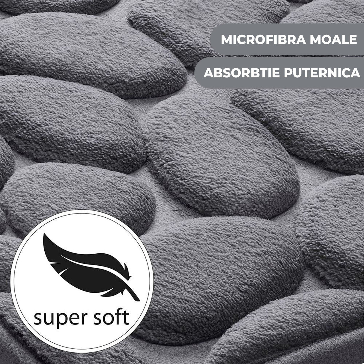 Covoras pentru Baie Antiderapant, Vivimall, Uscare Rapida, Model 3D Piatra, 40x60 cm, Gri - vivimall.ro