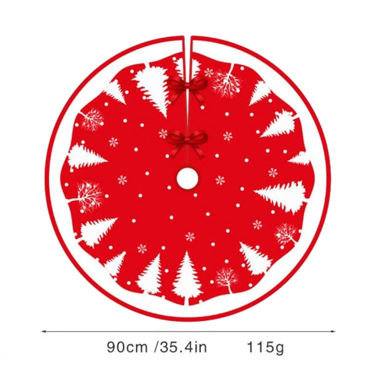 Covoras pentru Bradul de Craciun, Vivimall, din Tesatura Pufoasa, cu Fundite de Prindere, Model Brazi, Rosu/Alb, Diametru 90 cm - vivimall.ro
