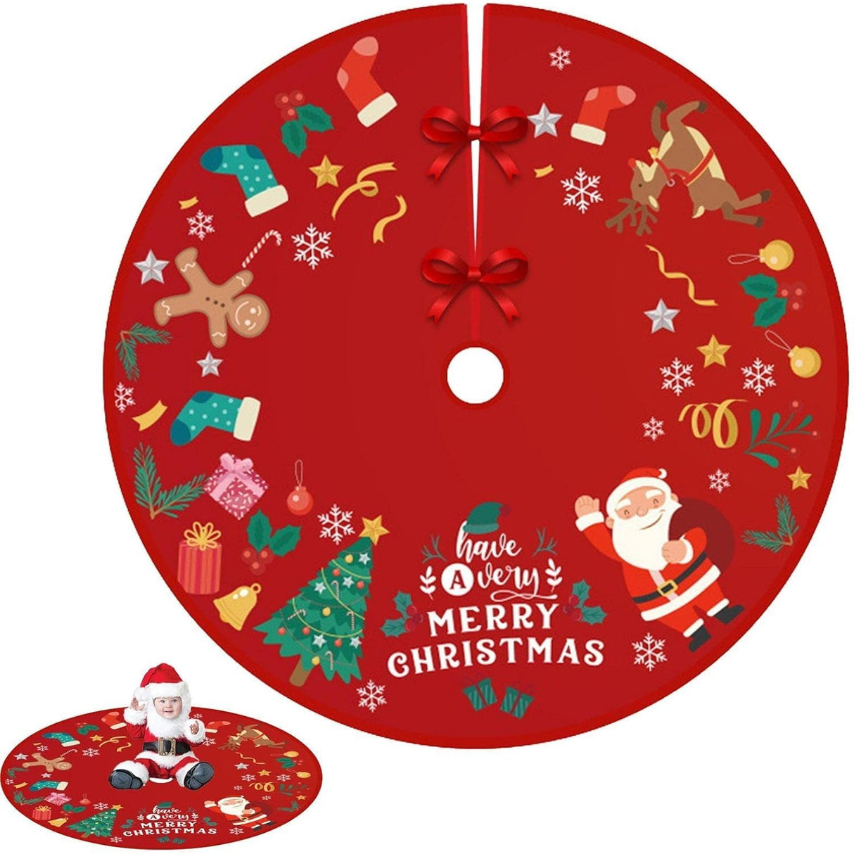 Covoras pentru Bradul de Craciun, Vivimall, din Tesatura Pufoasa, cu Fundite de Prindere, Model Mos Craciun, Rosu, Diametru 90 cm - vivimall.ro