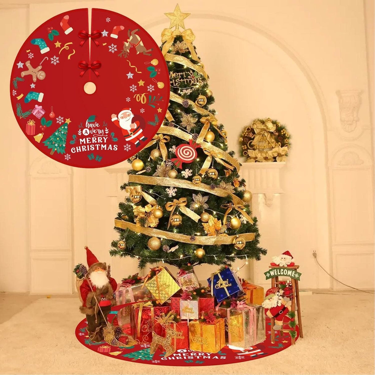 Covoras pentru Bradul de Craciun, Vivimall, din Tesatura Pufoasa, cu Fundite de Prindere, Model Mos Craciun, Rosu, Diametru 90 cm - vivimall.ro