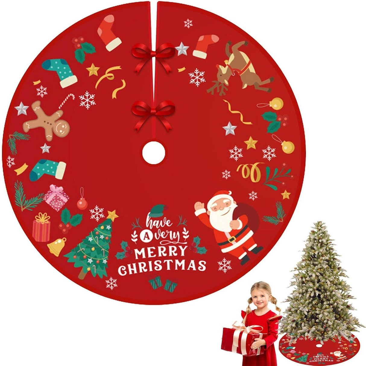 Covoras pentru Bradul de Craciun, Vivimall, din Tesatura Pufoasa, cu Fundite de Prindere, Model Mos Craciun, Rosu, Diametru 90 cm - vivimall.ro