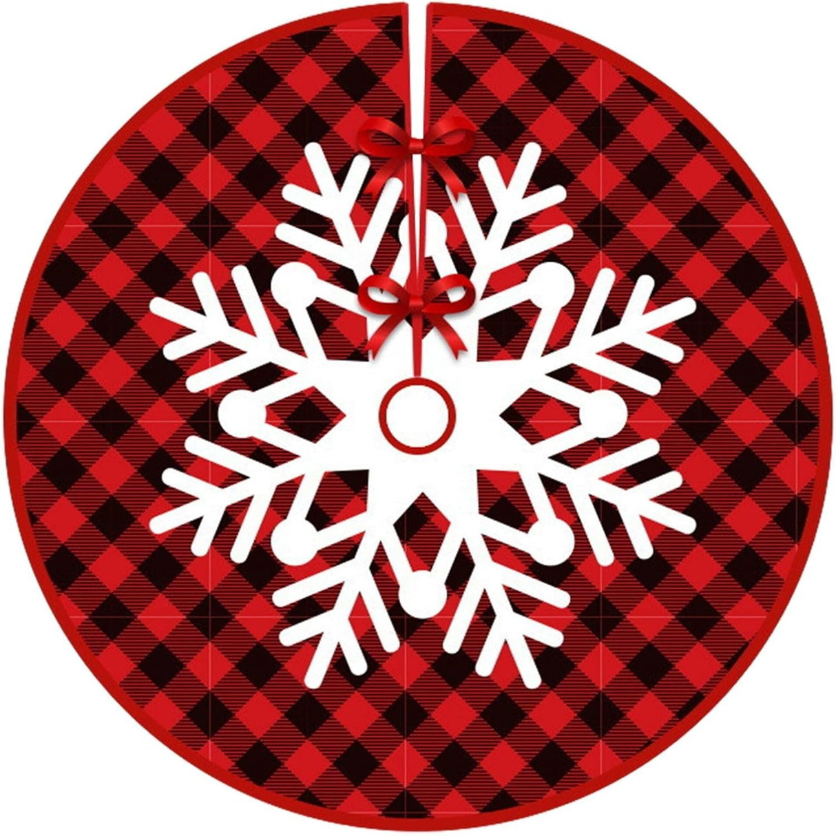 Covoras pentru Bradul de Craciun, Vivimall, din Tesatura Pufoasa, cu Fundite de Prindere, Model Fulg de Nea, Carouri Rosu/Negru, Diametru 90 cm - vivimall.ro