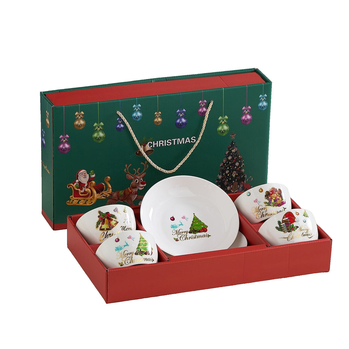 Set Vesela Festiva, Flippy, Tema Craciun, 4 x Boluri 300 ml, 2 x Farfurii 18 x 3.4 cm, din Ceramica, Model 1, Multicolor - vivimall.ro