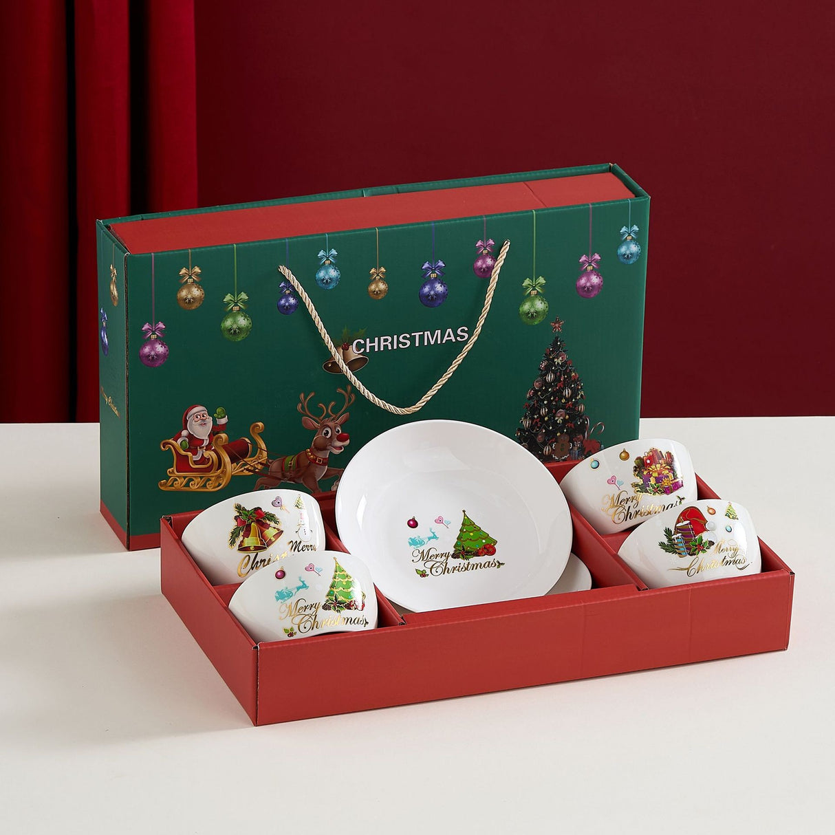 Set Vesela Festiva, Flippy, Tema Craciun, 4 x Boluri 300 ml, 2 x Farfurii 18 x 3.4 cm, din Ceramica, Model 1, Multicolor - vivimall.ro