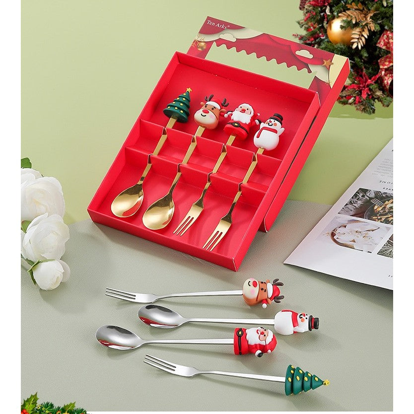 Set 6 Tacamuri, Flippy, Tema Craciun, 3 Linguri + 3 Furculite, cu Figurine, din Otel Inoxidabil, Cutie Cadou, 19 x 22 x 2.2 cm, Argintiu - vivimall.ro