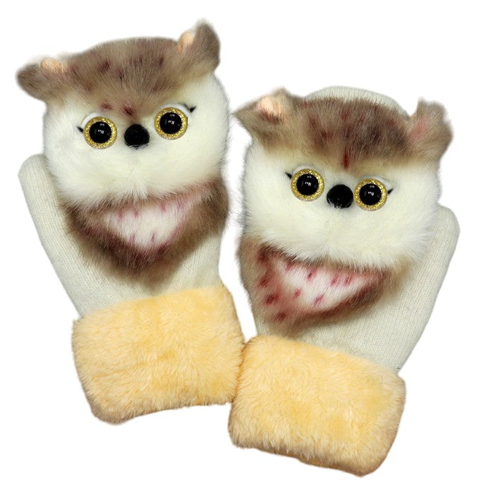 Manusi de Plus pentru Copii, Vivimall, de Iarna, Groase, Moi, Calduroase, Model Animat Bufnita Alba - vivimall.ro
