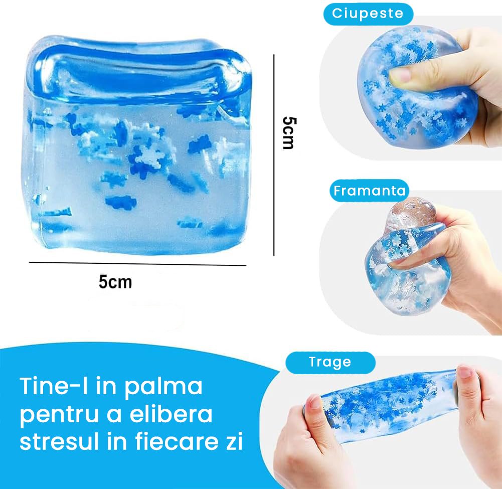Cub antistres Flippy comprimabil cu revenire lentă, design gheață albastru, perspectivă laterală
