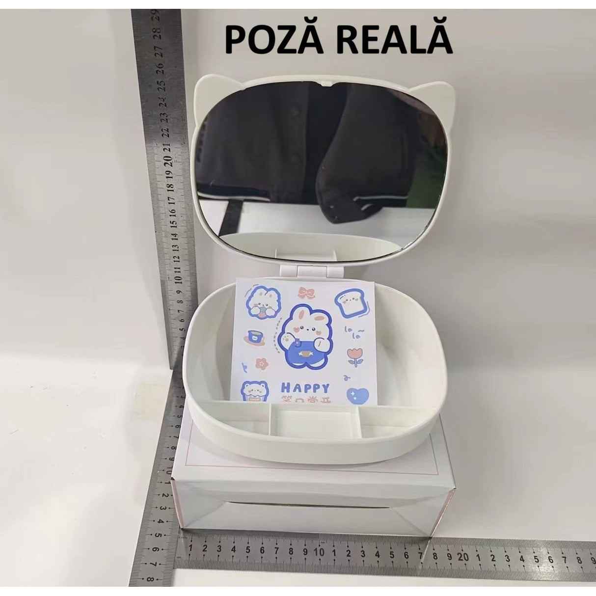 Cutie cu Oglinda, Model Pisica, Flippy, 4 Compartimente, Cutie de Depozitare a Machiajelor si Accesoriilor, Oglinda de Machiaj, 17x13x6cm, Alb