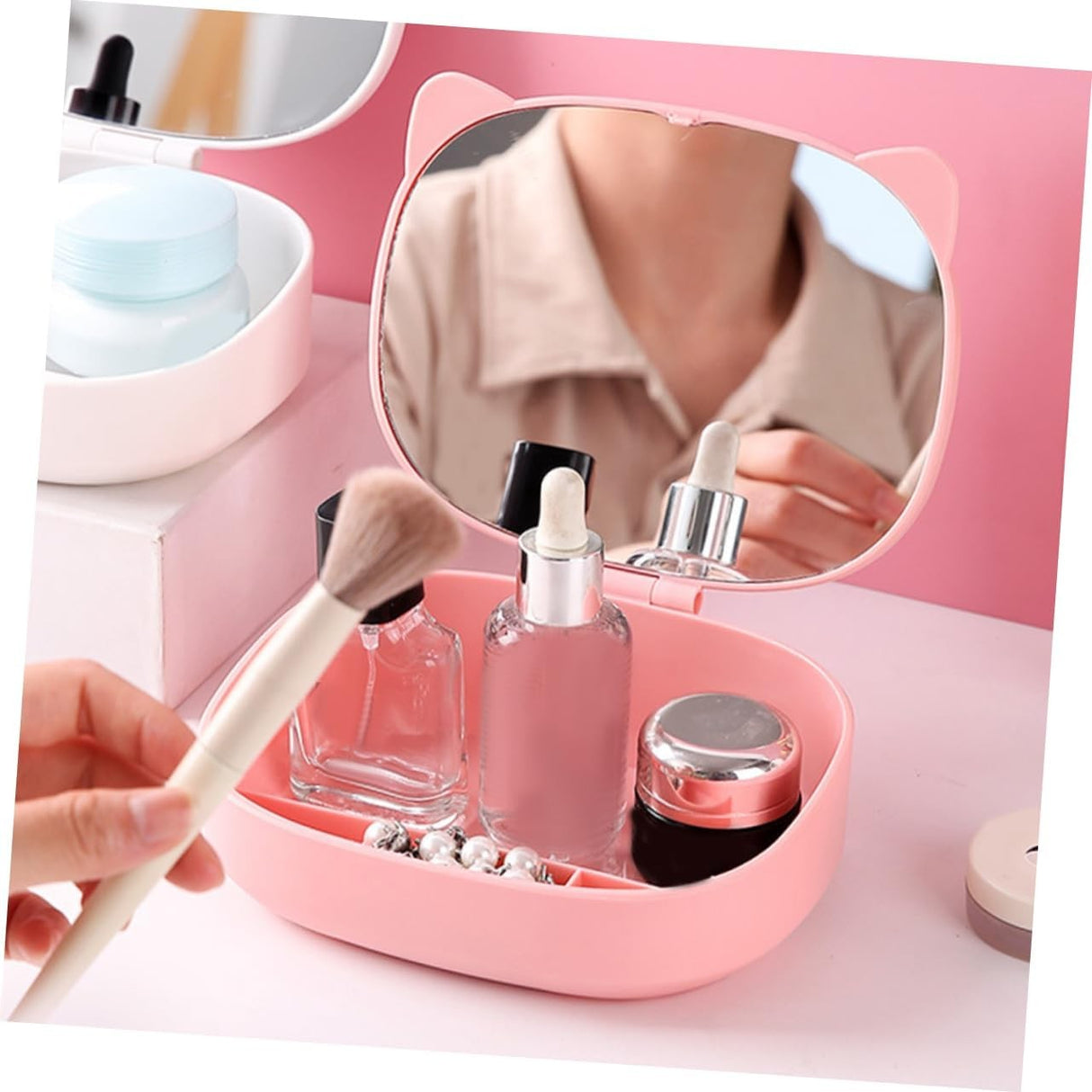 Cutie Organizatoare cu Oglinda, Vivimall, 4 Compartimente, pentru Cosmetice si Accesorii, din ABS, 17x13x6 cm, Roz - vivimall.ro