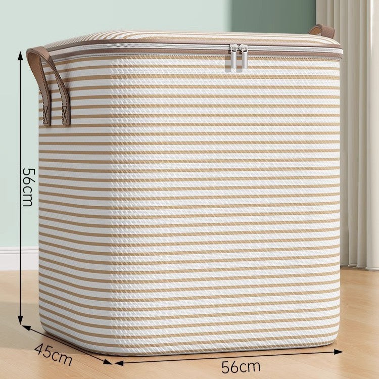 Cutie de Depozitare cu Fermoar, Vivimall, Pliabila, Maner Ranforsat, Fermoar Rezistent, pentru Haine, Paturi, Plapume, Perne, Lenjerii de Pat, Jucarii, 56x45x56 cm, 150 Litri, in Dungi, Bej - vivimall.ro