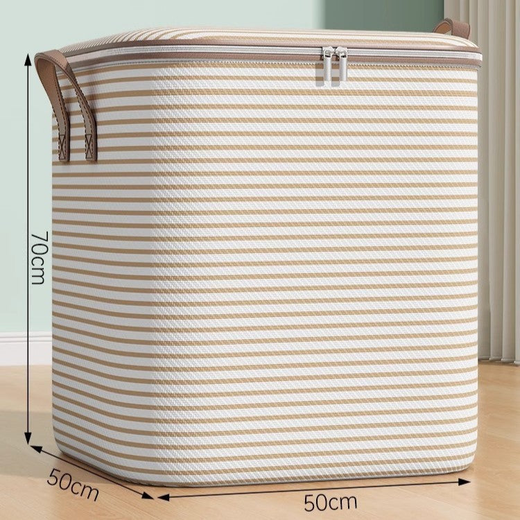 Cutie de Depozitare cu Fermoar, Vivimall, Pliabila, Maner Ranforsat, Fermoar Rezistent, pentru Haine, Paturi, Plapume, Perne, Lenjerii de Pat, Jucarii, 50x50x70 cm, 180 Litri, in Dungi, Bej - vivimall.ro