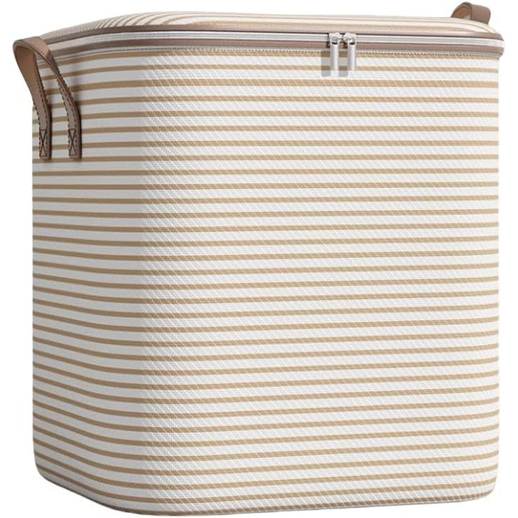 Cutie de Depozitare cu Fermoar, Vivimall, Pliabila, Maner Ranforsat, Fermoar Rezistent, pentru Haine, Paturi, Plapume, Perne, Lenjerii de Pat, Jucarii, 50x50x70 cm, 180 Litri, in Dungi, Bej - vivimall.ro