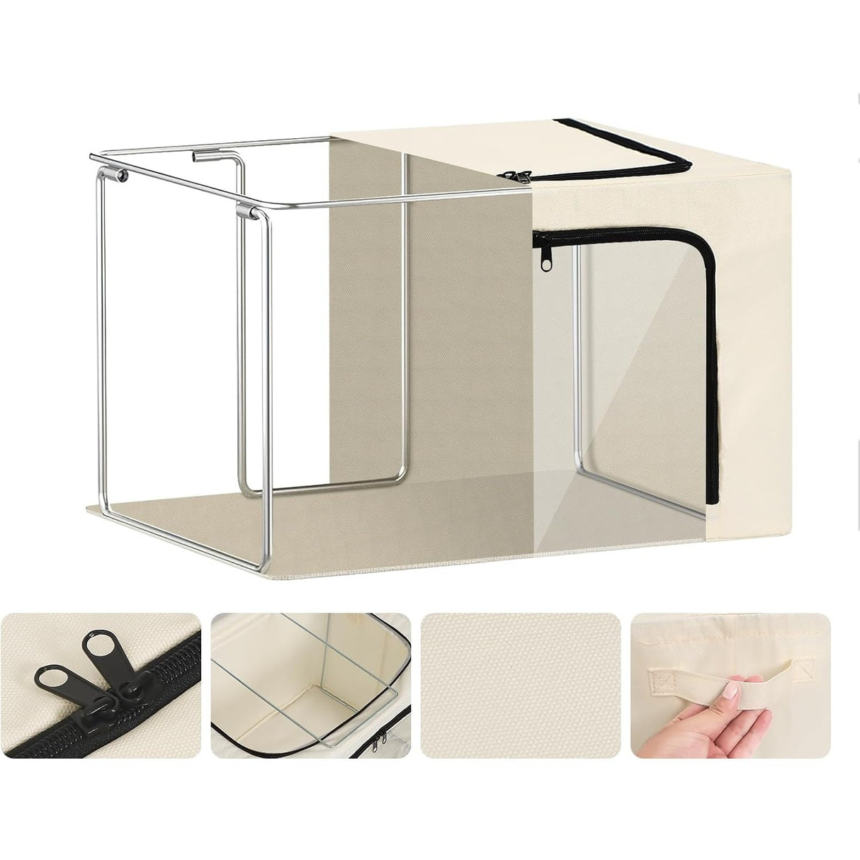 Cutie de Depozitare, Vivimall, cu 3 Ferestre cu Fermoar Bidirectional, Cadru din Otel, Impermeabil, 38L, 42 x 30 x 30 cm, Bej - vivimall.ro