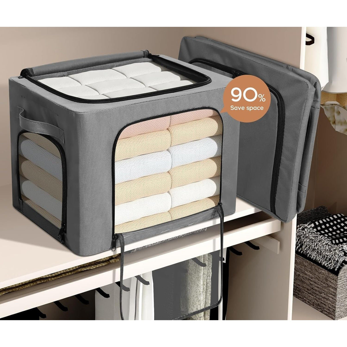 Cutie de Depozitare, Vivimall, cu 3 Ferestre cu Fermoar Bidirectional, Cadru din Otel, Impermeabil, 38L, 42 x 30 x 30 cm, Gri Inchis - vivimall.ro