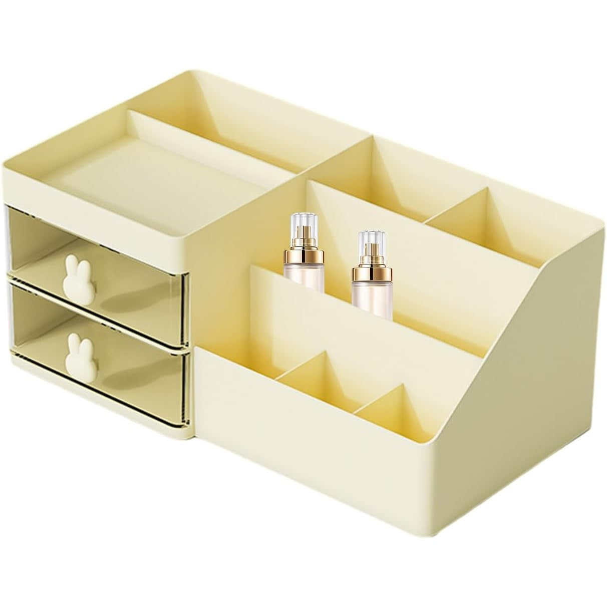 Cutie de Depozitare pentru Birou, Vivimall, Pentru Makeup, Papetarie, Organizator Cosmetice, 2 Sertare si Compartimente Multiple, Model Iepuras, Plastic, 27.5x15.5x12 cm, Crem - vivimall.ro