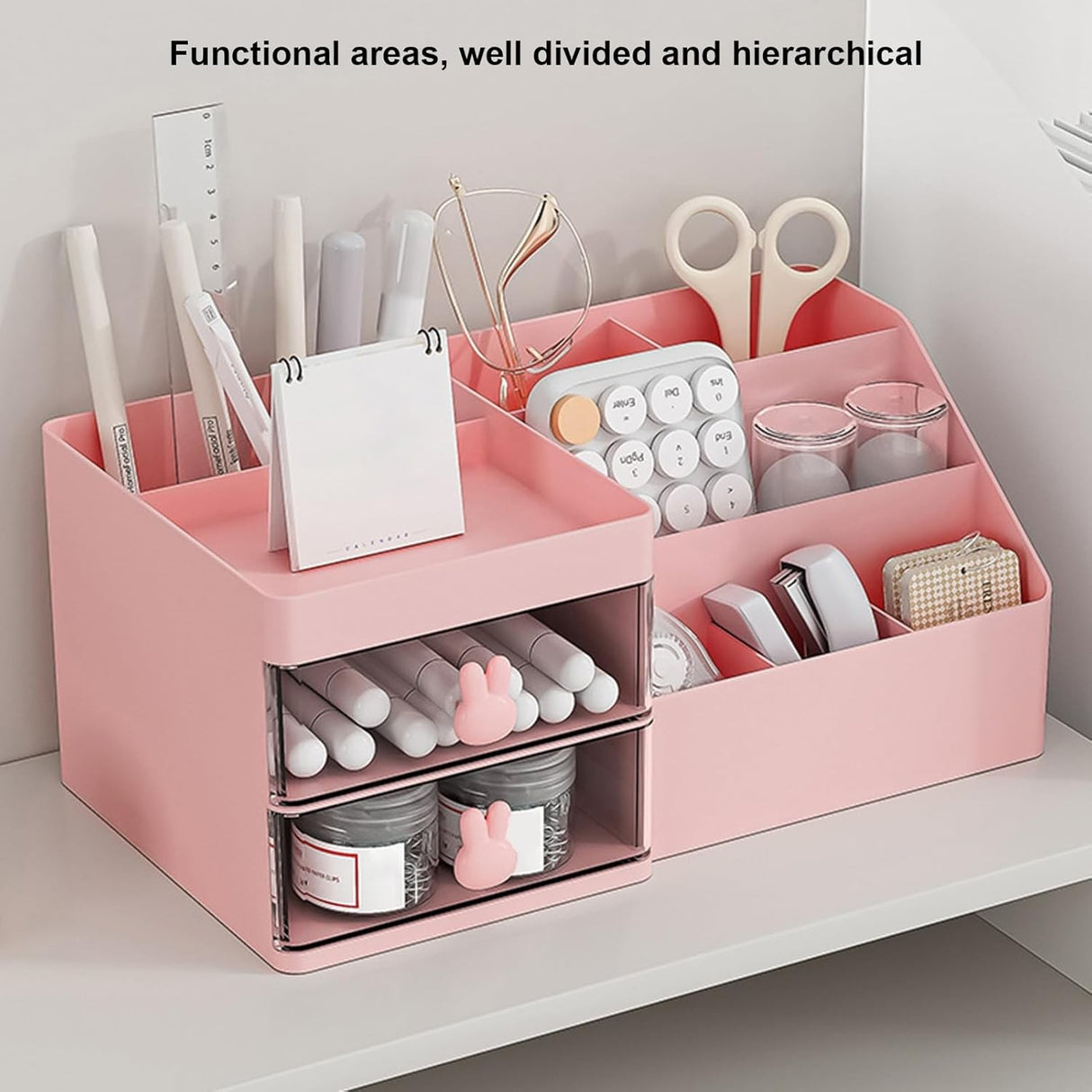 Cutie de Depozitare pentru Birou, Vivimall, Pentru Makeup, Papetarie, Organizator Cosmetice, 2 Sertare si Compartimente Multiple, Model Iepuras, Plastic, 27.5x15.5x12 cm, Roz - vivimall.ro