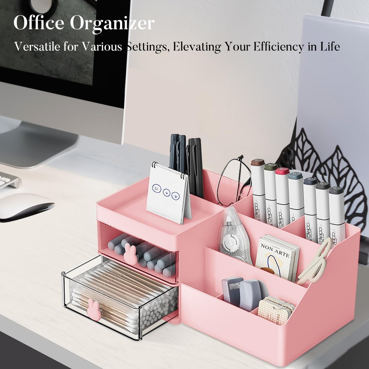 Cutie de Depozitare pentru Birou, Vivimall, Pentru Makeup, Papetarie, Organizator Cosmetice, 2 Sertare si Compartimente Multiple, Model Iepuras, Plastic, 27.5x15.5x12 cm, Roz - vivimall.ro