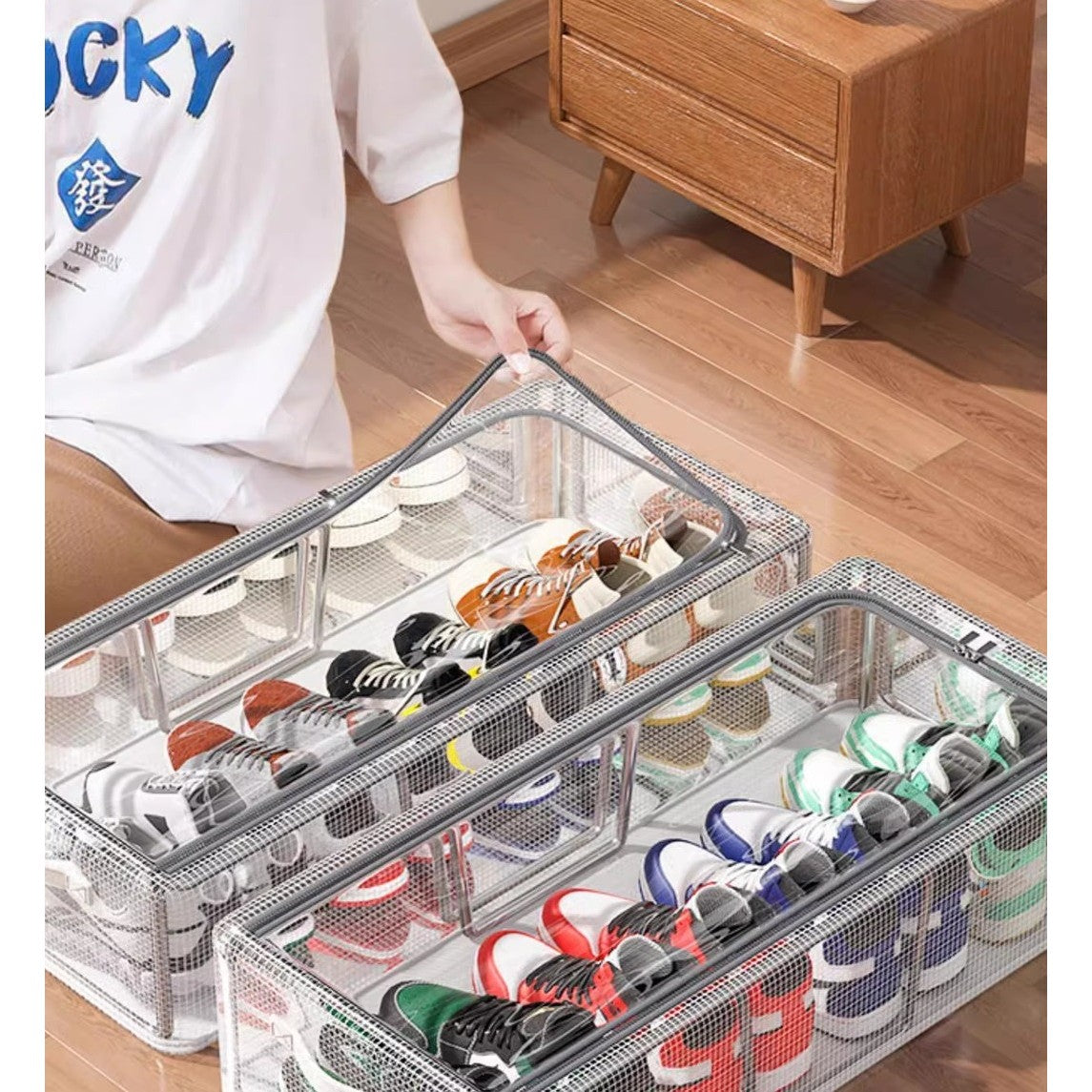 Cutie de Depozitare pentru Pantofi, Vivimall, 40x30x21 cm, din Plasa PVC Impermeabila si Cadru de Otel, Pliabila, Fermoar Bidirectional, Transparenta - vivimall.ro