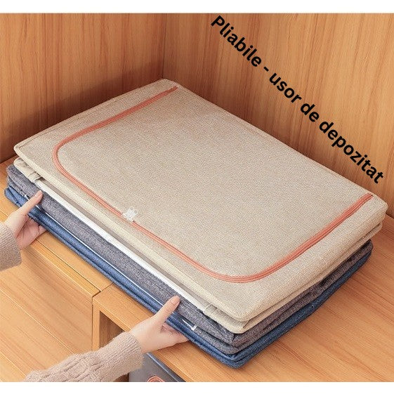 Cutie de Depozitare Pliabila, Vivimall, 100 L, din Bumbac si In, 60x42x40 cm, 2 Ferestre, Frontala si Laterala, 2 Usi de Acces cu Fermoar Bidirectional, Cadru Metalic, Suport Baza Stabil din Plastic, Bleu - vivimall.ro