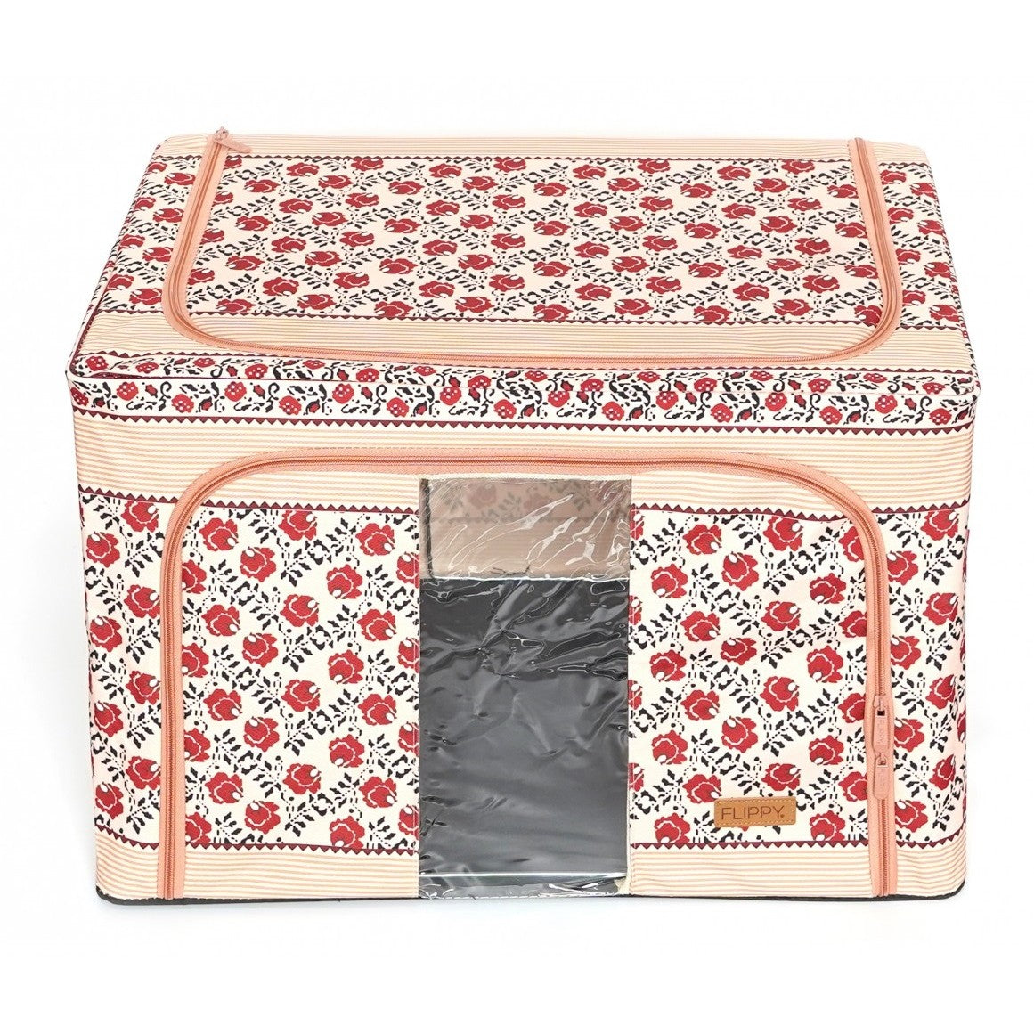 Cutie de Depozitare Pliabila, Vivimall,100 L din Bumbac si In, 60X42X40 cm, Fereastra Frontala, 2 Usi de Acces cu Fermoar Bidirectional, Cadru Metalic, Suport Baza Stabil din Plastic, Motiv Traditional Model 4 - vivimall.ro