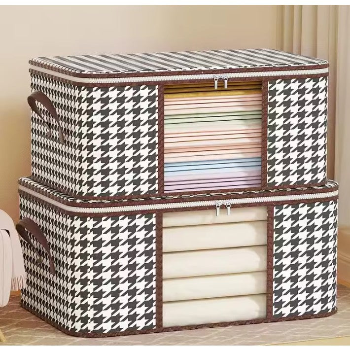 Cutie de Depozitare Pliabila,  55x35x25 cm, 50 L, Fereastra Frontala, cu Fermoar Bidirectional, Suport Baza Stabil, Imprimeu in Carouri, Alb/Negru - vivimall.ro