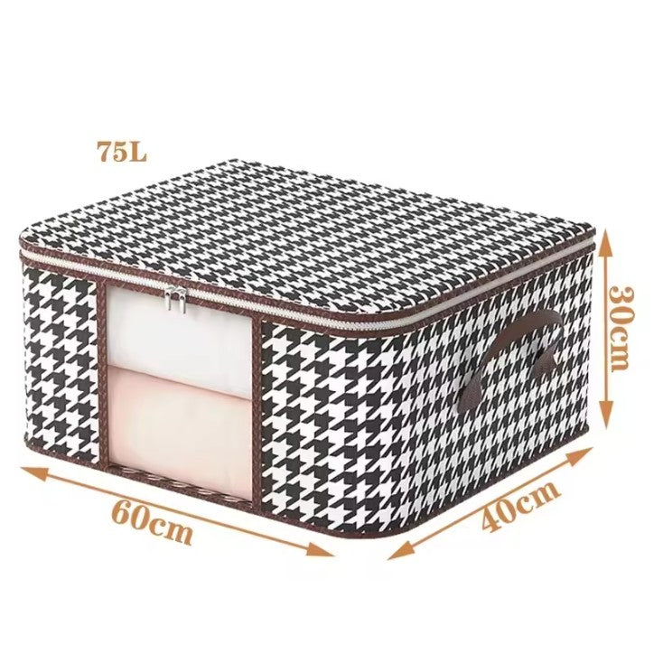 Cutie de Depozitare Pliabila,  55x35x25 cm, 50 L, Fereastra Frontala, cu Fermoar Bidirectional, Suport Baza Stabil, Imprimeu in Carouri, Alb/Negru - vivimall.ro