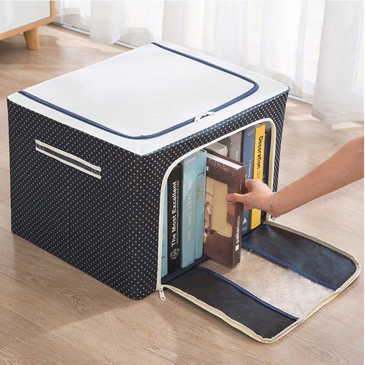 Cutie de Depozitare Pliabila, Vivimall, Cu Fermoar, 100 L, Textil, 60x42x40 cm, Albastru Marin, Cadru Metalic, Suport Baza Stabil din Plastic, Imprimeu buline - vivimall.ro