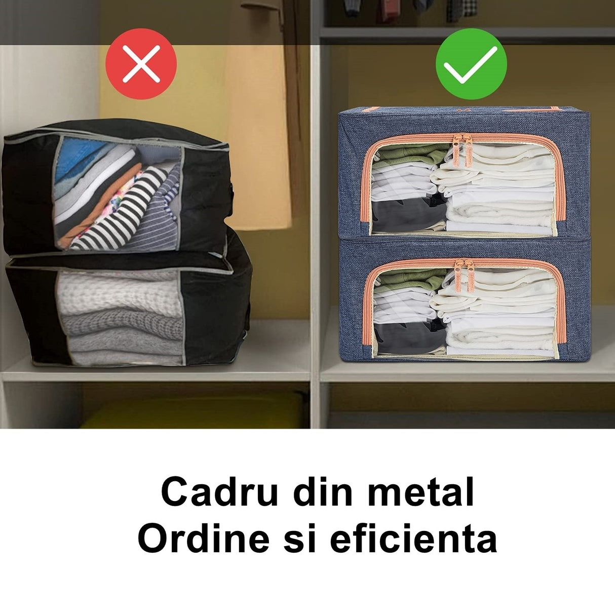 Cutie de depozitare pliabila, Vivimall, Cu fermoar, 66 L, Textil, 50x40x33 cm, Albastru Marin, Cadru Metalic, Suport Baza Stabil din Plastic, Cu doua ferestre - vivimall.ro