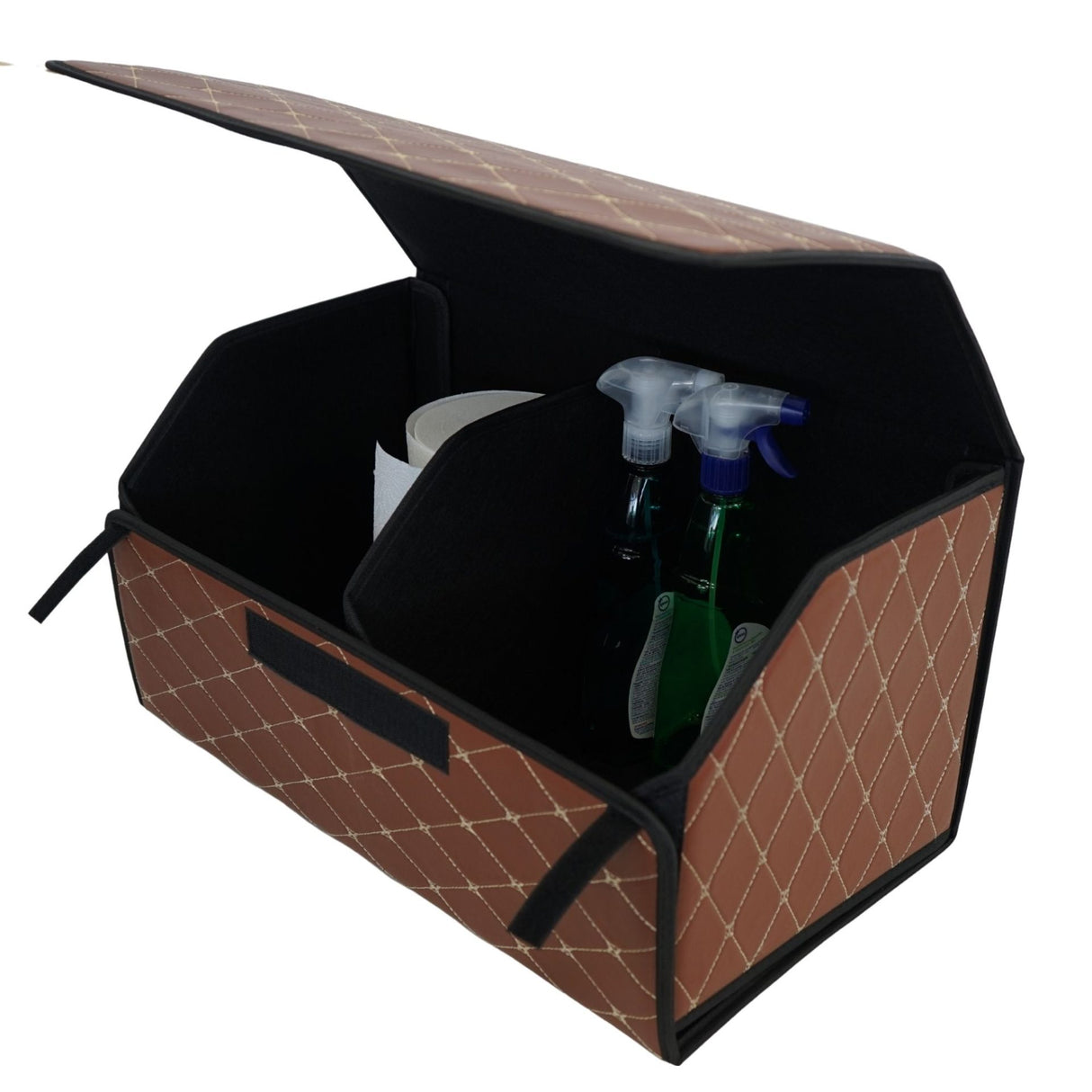 Cutie de Depozitare Auto, Flippy, Organizator Premium Portbagaj, Geanta Multifunctionala din Piele Ecologica, 2 Compartimente Depozitare, Pliabil, Rezistent la Uzura, Maro Inchis, 55 x 30 x 30cm - vivimall.ro