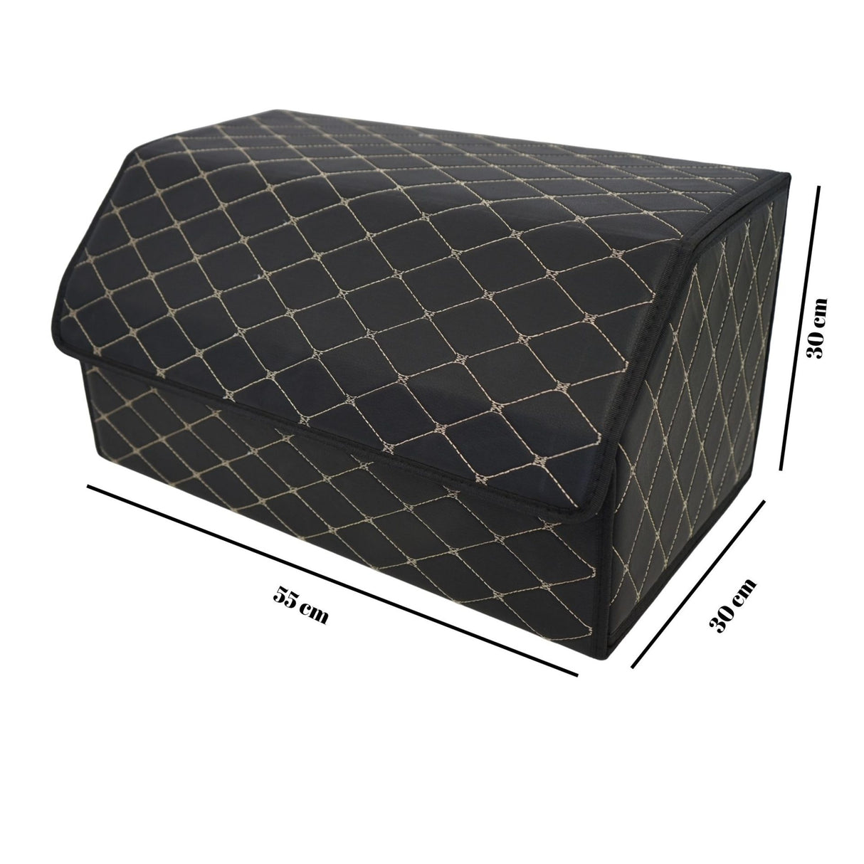 Cutie de Depozitare Auto, Flippy, Organizator Premium Portbagaj, Geanta Multifunctionala, Piele Ecologica, Pliabil si Rezistent la Uzura, 2 Compartimente Depozitare, Pliabil si Rezistent la Uzura, Negru/Alb, 55 x 30 x 30cm - vivimall.ro