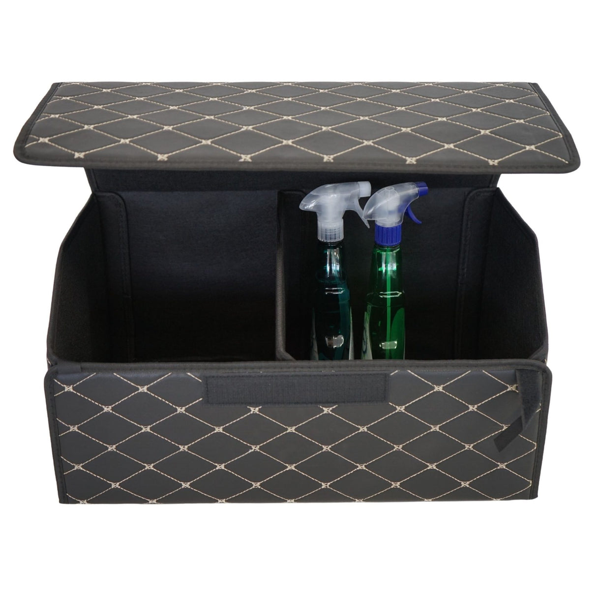 Cutie de Depozitare Auto, Flippy, Organizator Premium Portbagaj, Geanta Multifunctionala, Piele Ecologica, Pliabil si Rezistent la Uzura, 2 Compartimente Depozitare, Pliabil si Rezistent la Uzura, Negru/Alb, 55 x 30 x 30cm - vivimall.ro