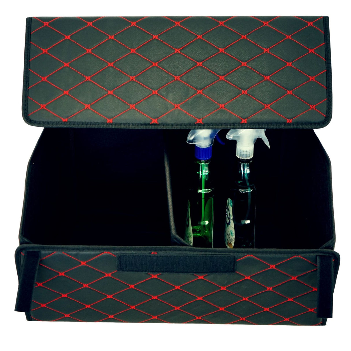 Cutie de Depozitare Auto, Flippy, Organizator Premium Portbagaj, Geanta Multifunctionala, Piele Ecologica, 2 Compartimente Depozitare, Pliabil si Rezistent la Uzura, Negru/Rosu, 55 x 30 x 30cm - vivimall.ro