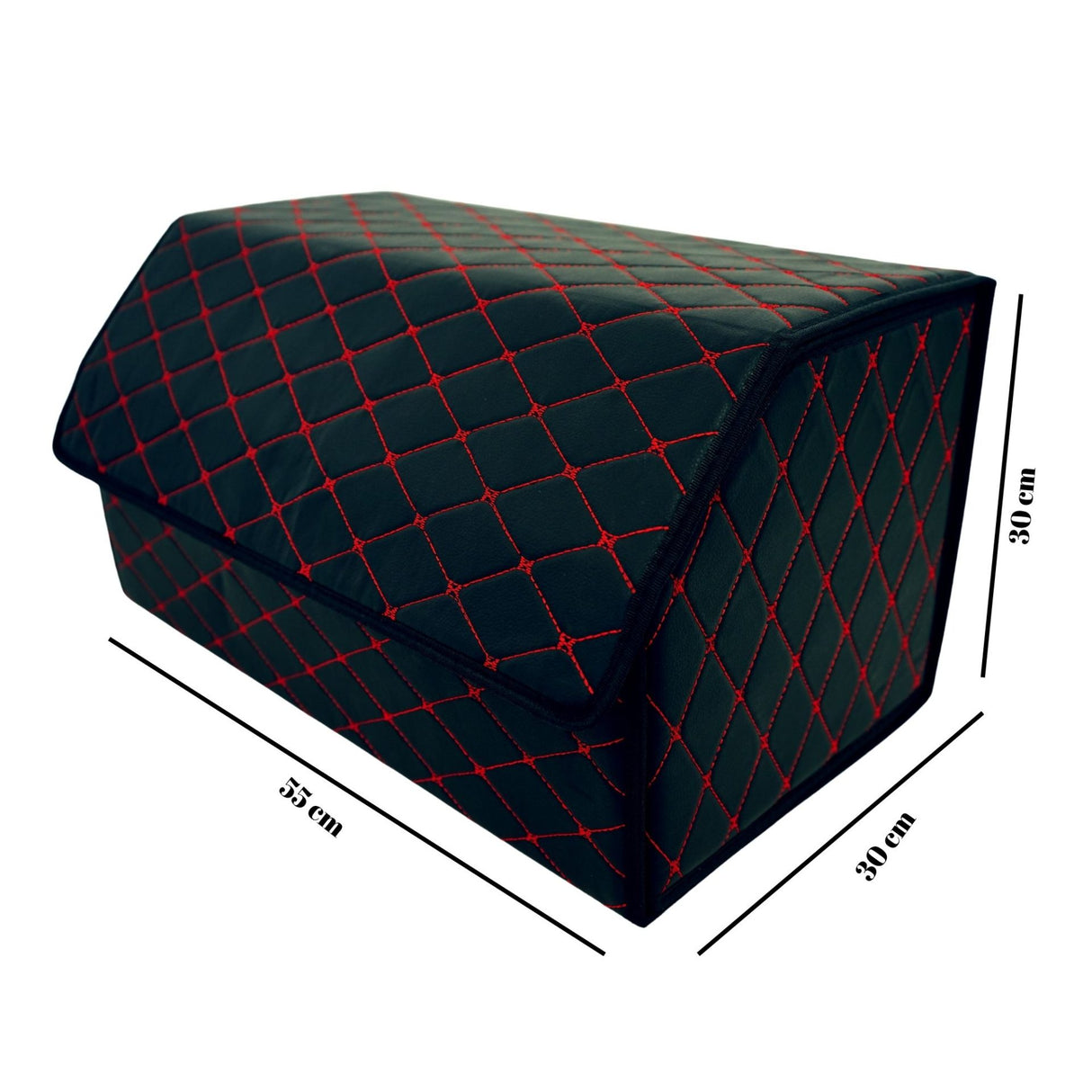 Cutie de Depozitare Auto, Flippy, Organizator Premium Portbagaj, Geanta Multifunctionala, Piele Ecologica, 2 Compartimente Depozitare, Pliabil si Rezistent la Uzura, Negru/Rosu, 55 x 30 x 30cm - vivimall.ro