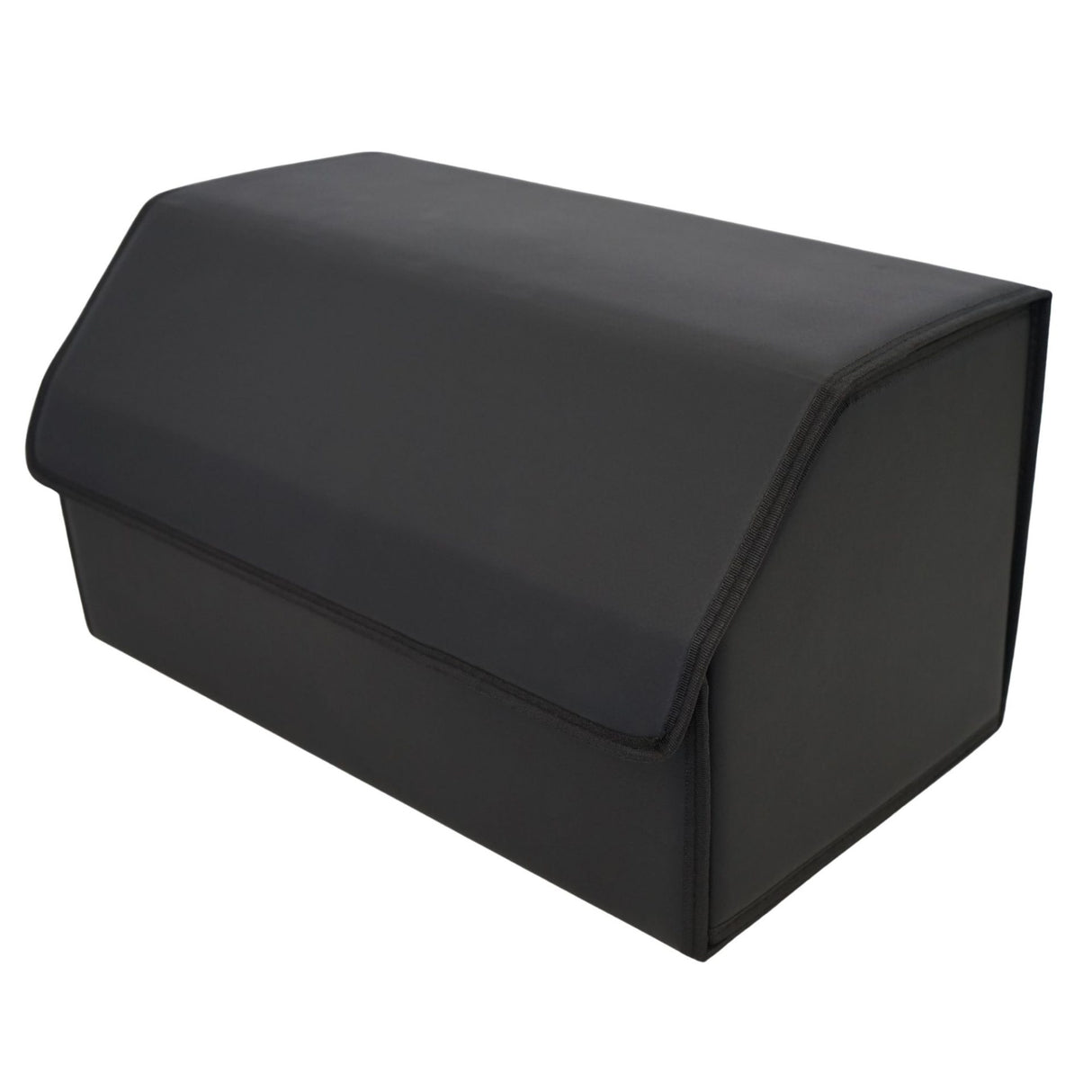 Organizator portbagaj auto Flippy negru, capac deschis, detaliu compartimente interioare piele ecologică PU