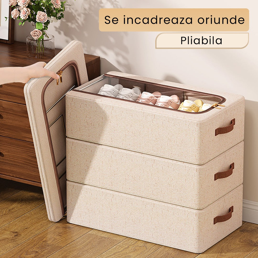 Cutie Depozitare cu Cadru Metalic, Vivimall, pentru Incaltaminte, Haine, Lingerie, Fermoar Calitativ, Fereastra Transparenta, Manere Laterale, 60 x 30 x 15 cm Bej - vivimall.ro