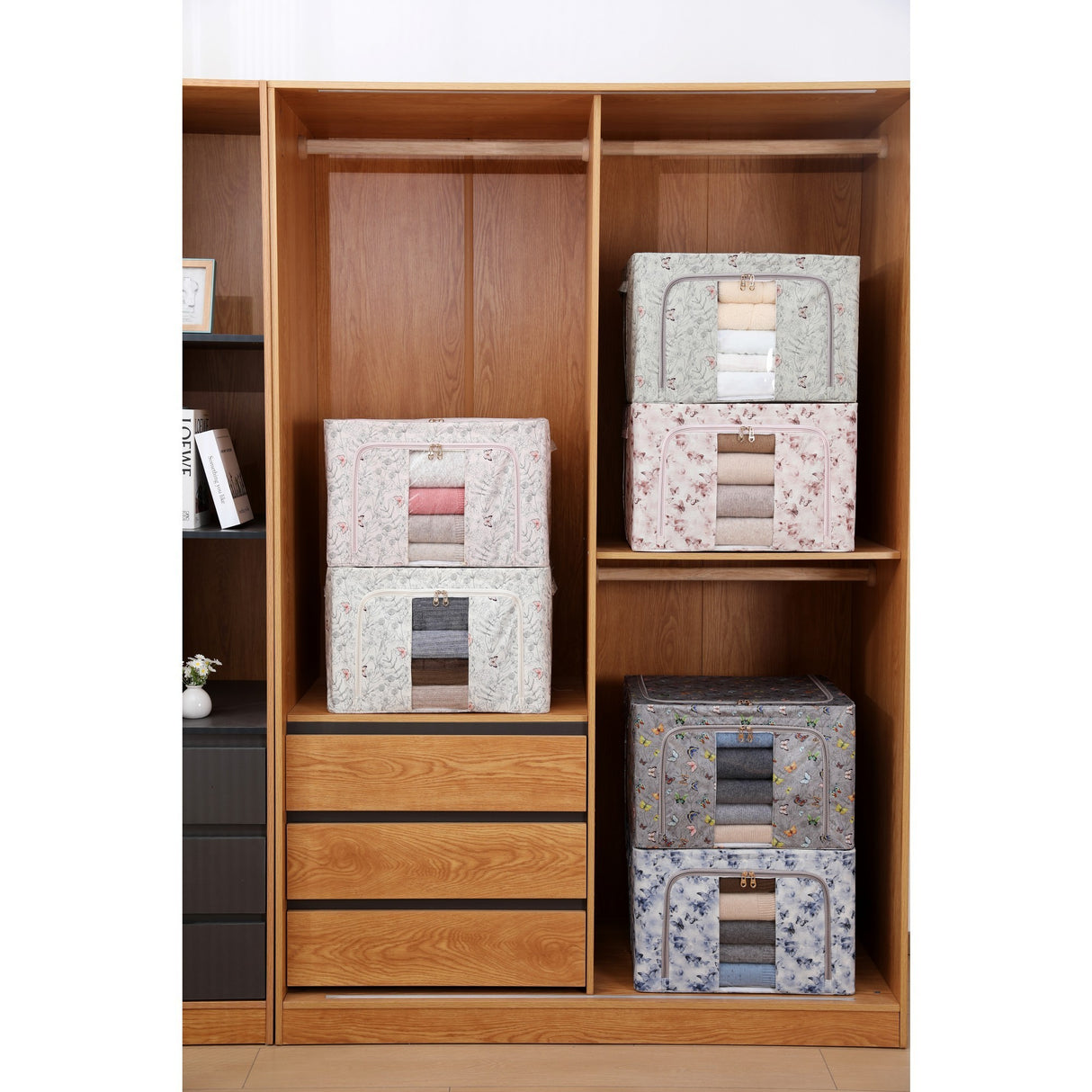 Cutie Depozitare, Vivimall, 66L, din Material Textil, 50 x 40 x 33 cm, pentru Haine si Lenjerii, Model Bambus, Roz - vivimall.ro