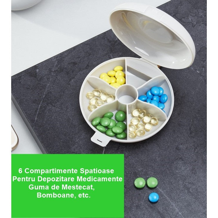 Cutie Depozitare Medicamente, Vivimall, 6 Compartimente, Inchidere Etans, Portabila, Rotund, Alb/Gri, PP, 8.4x2.9x8.5 cm - vivimall.ro