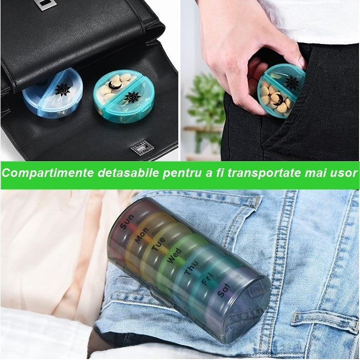 Cutie Depozitare Medicamente, Vivimall, 7 Zile, 14 Compartimente, Cutie Suport, Recipiente Detasabile, Portabila, Recipiente Colorate, Suport Negru, 17.5x11x9.5 cm - vivimall.ro