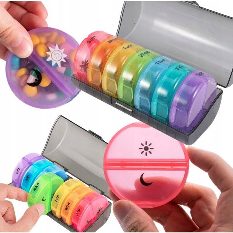 Cutie Depozitare Medicamente, Vivimall, 7 Zile, 14 Compartimente, Cutie Suport, Recipiente Detasabile, Portabila, Recipiente Colorate, Suport Negru, 17.5x11x9.5 cm - vivimall.ro