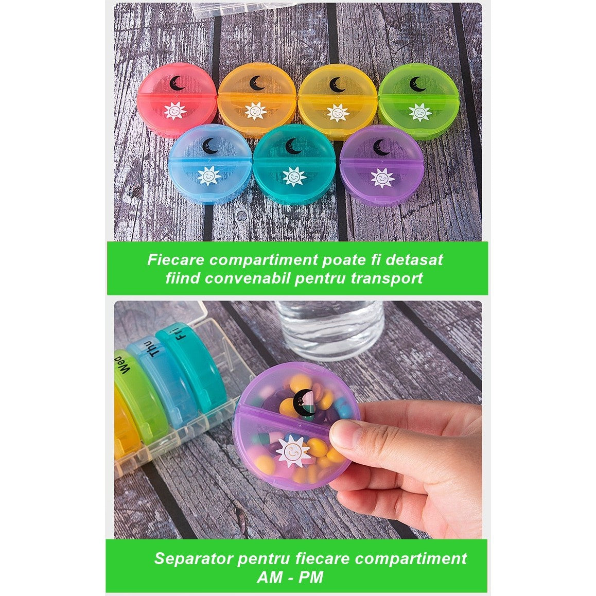 Cutie Depozitare Medicamente, Vivimall, 7 Zile, 14 Compartimente, Cutie Suport, Recipiente Detasabile, Portabila, Recipiente Colorate, Suport Negru, 17.5x11x9.5 cm - vivimall.ro