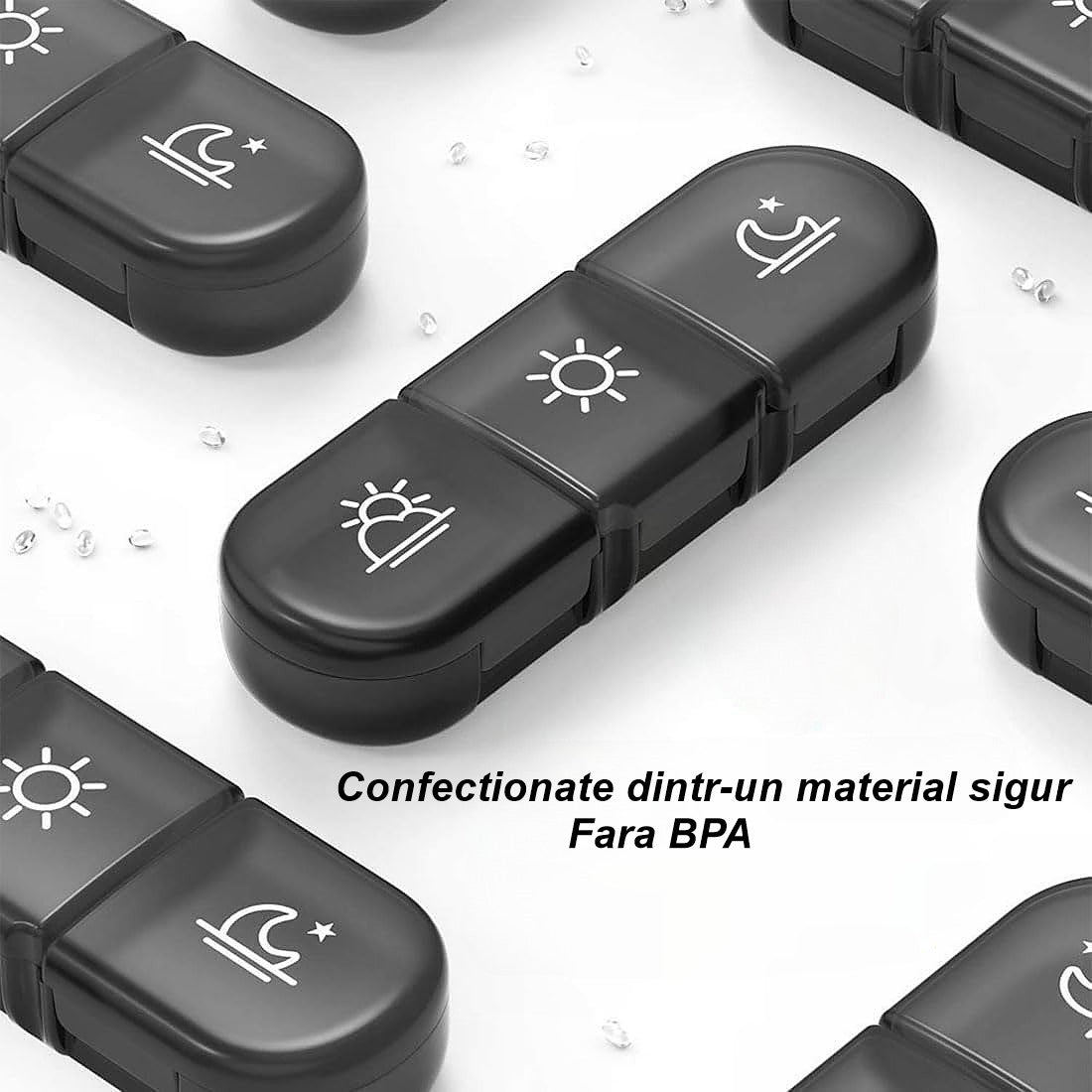 Cutie Depozitare Medicamente, Vivimall, 7 Zile, 21 Compartimente, Cutie Suport, Recipiente Detasabile, Portabila, Compartimente Negre, Cutie Transparenta, 15.6x12 cm - vivimall.ro