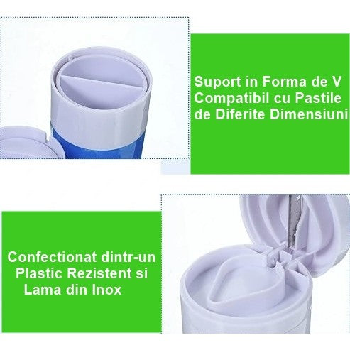 Cutie Pastile Multifunctionala, Vivimall, 4 in 1, Pahar Apa, Taiere, Sfaramare, Depozitare, Compact, ABS cu Lama din Inox, Alb/Albastru, 8.7x6.2x4.1 cm - vivimall.ro