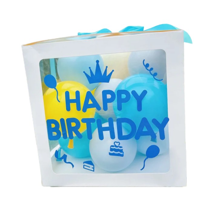 Cutie pentru Baloane, Vivimall, Tematica Aniversare, Model Scris Happy Birthday, Baloane Albastre, Albe, Galbene si Panglica Incluse, Contur Alb, Transparenta, 30x30 cm - vivimall.ro