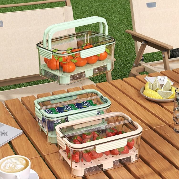 Cutie pentru Depozitare Alimente, Vivimall, de Uz Casnic, 2 Compartimente, Zona pentru Gheata, Mentinere Fresh, cu Maner, Material PET, 23x15x10.8 cm, Verde - vivimall.ro