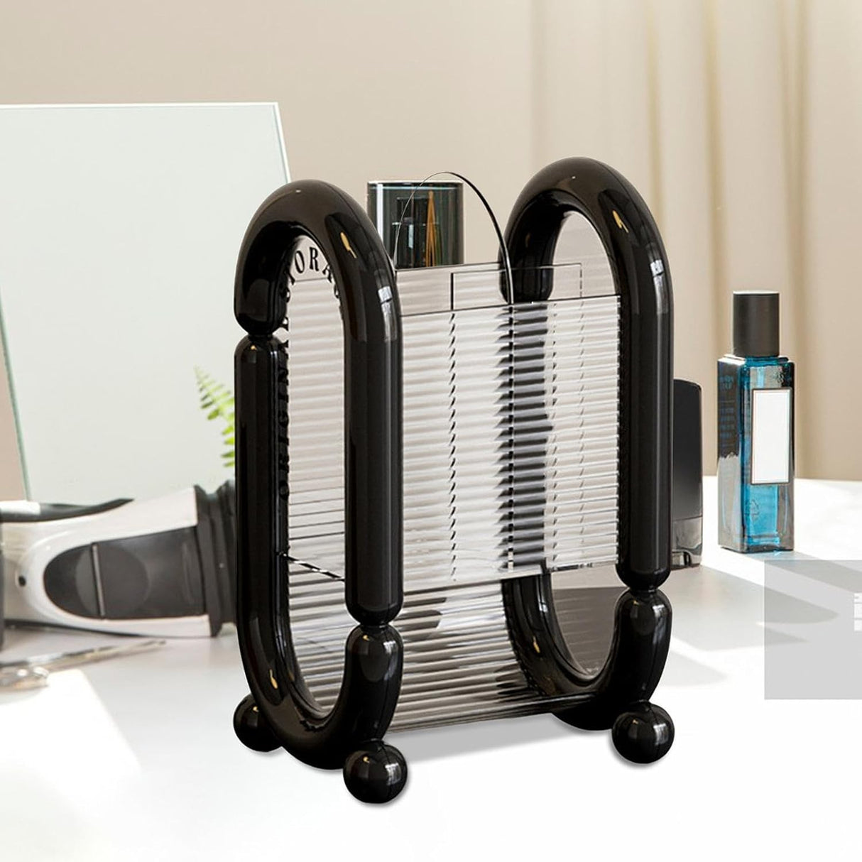 Cutie pentru Depozitare Cosmetice, Vivimall, pentru Pensule, Creioane si Buretei, 4 Compartimente, din Plastic, 12 x 10 x 20 cm, Negru - vivimall.ro