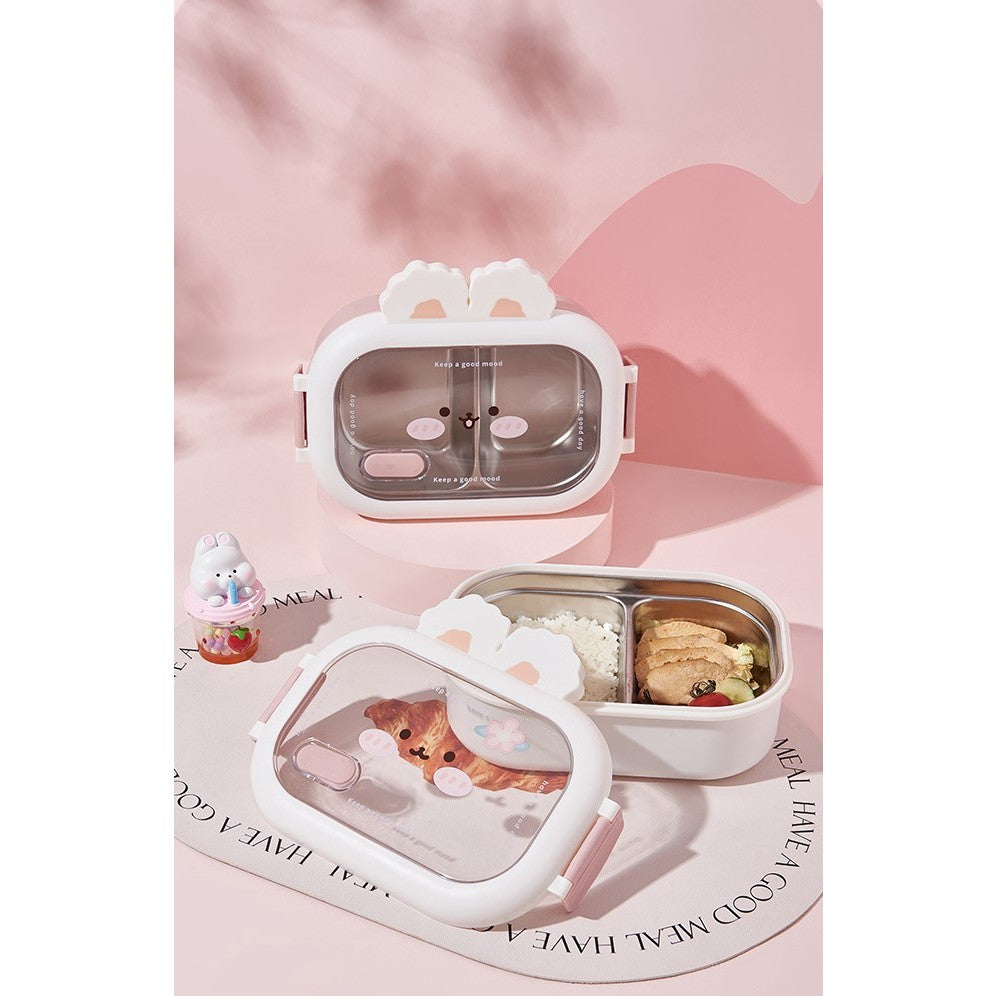 Cutie pentru Pranz sau Gustari, Vivimall, cu Doua Compartimente, Model Iepuras, pentru Copii si Adulti, Etansare, PP, Perfect pentru Scoala si Birou, 1000 mL, 22x17.8x8 cm, Alb - vivimall.ro